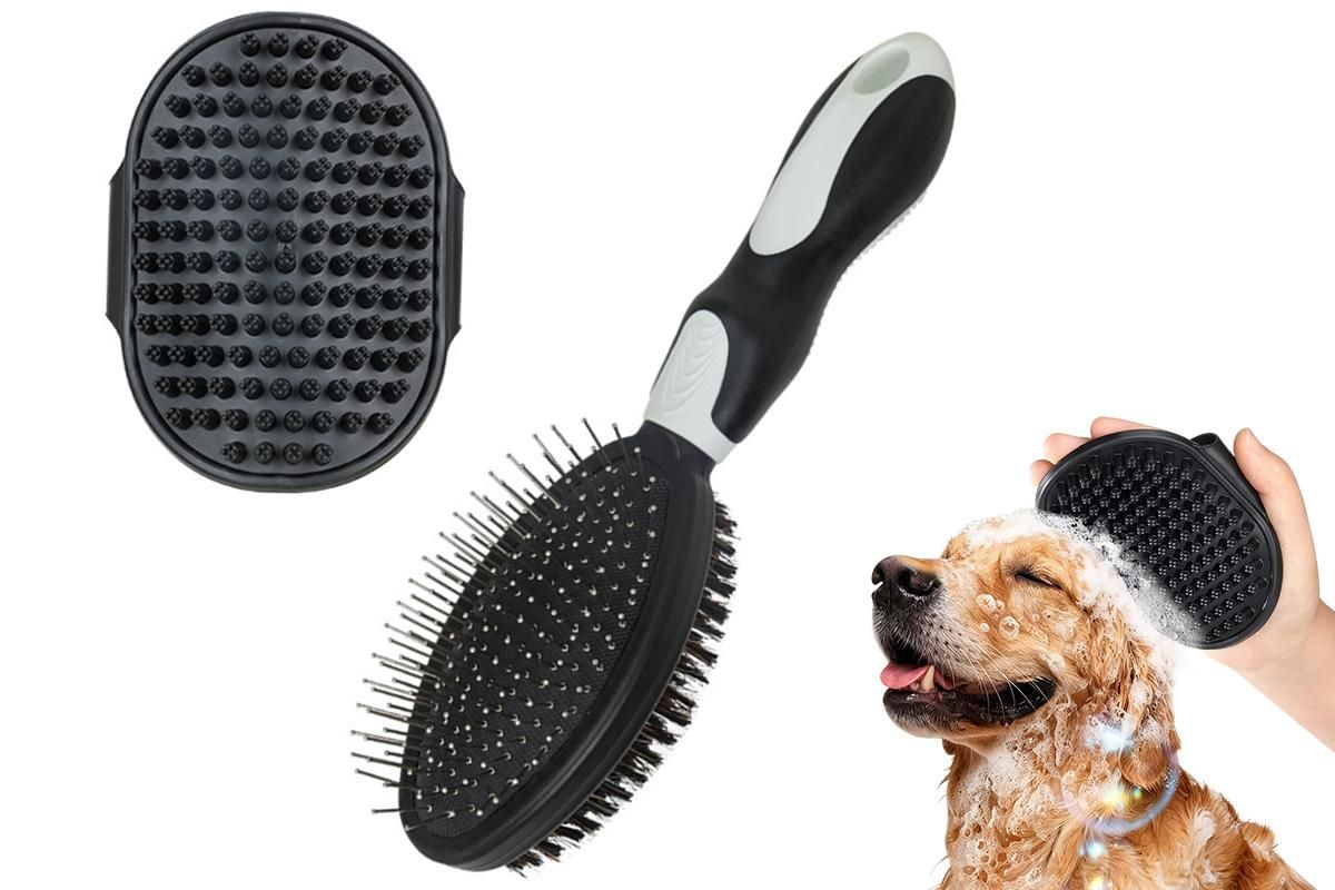2 Pack Pet Grooming Brush Set Deshedding Double Sided Comb Massage Brush-Green
