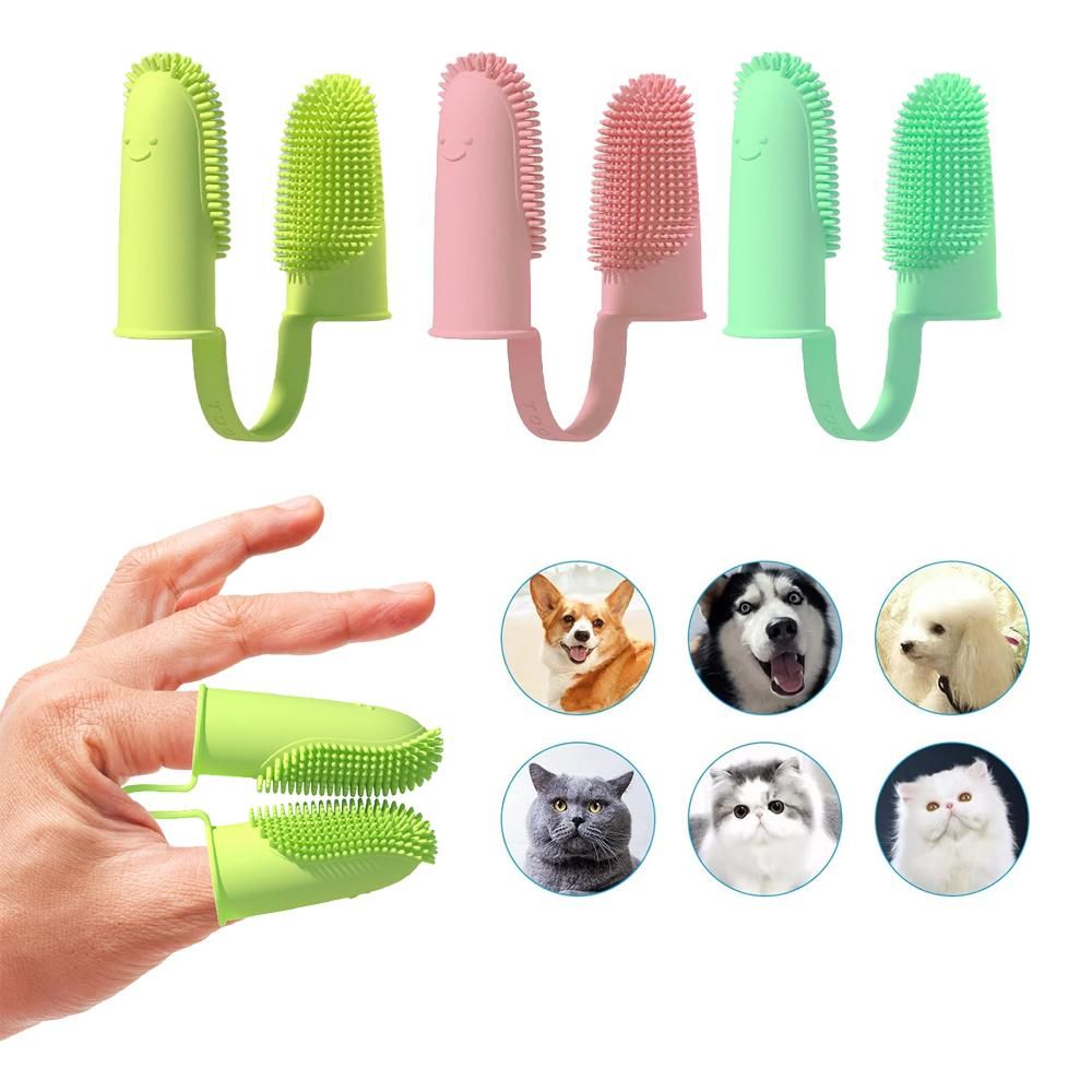 3Pcs Dog Toothbrush Double Finger Silicone Tooth Brushing Kit for Pet Dental Care