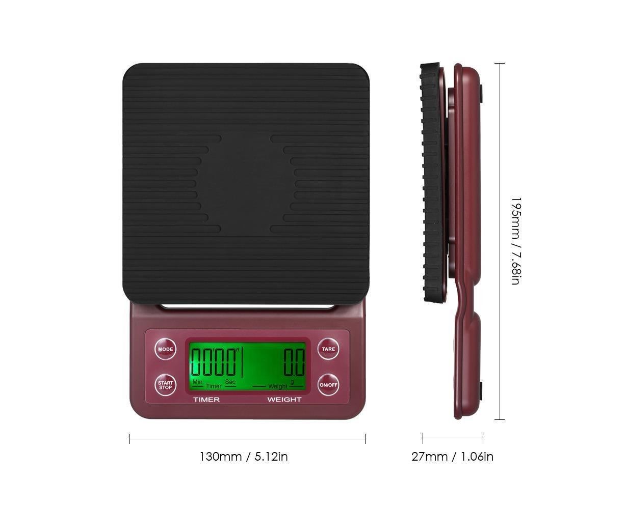 5kg/0.5g Coffee Drip Scale with Timer and Tare Function - Burgundy