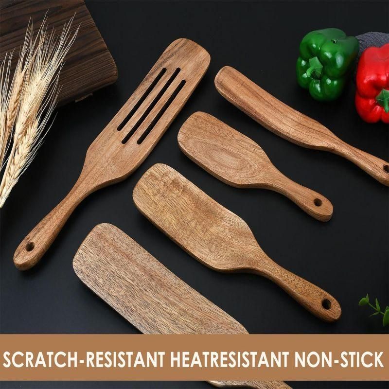 5 Pack Teak Wooden Spatula Set Non-Stick Pan Kitchen Cooking Utensils Brown