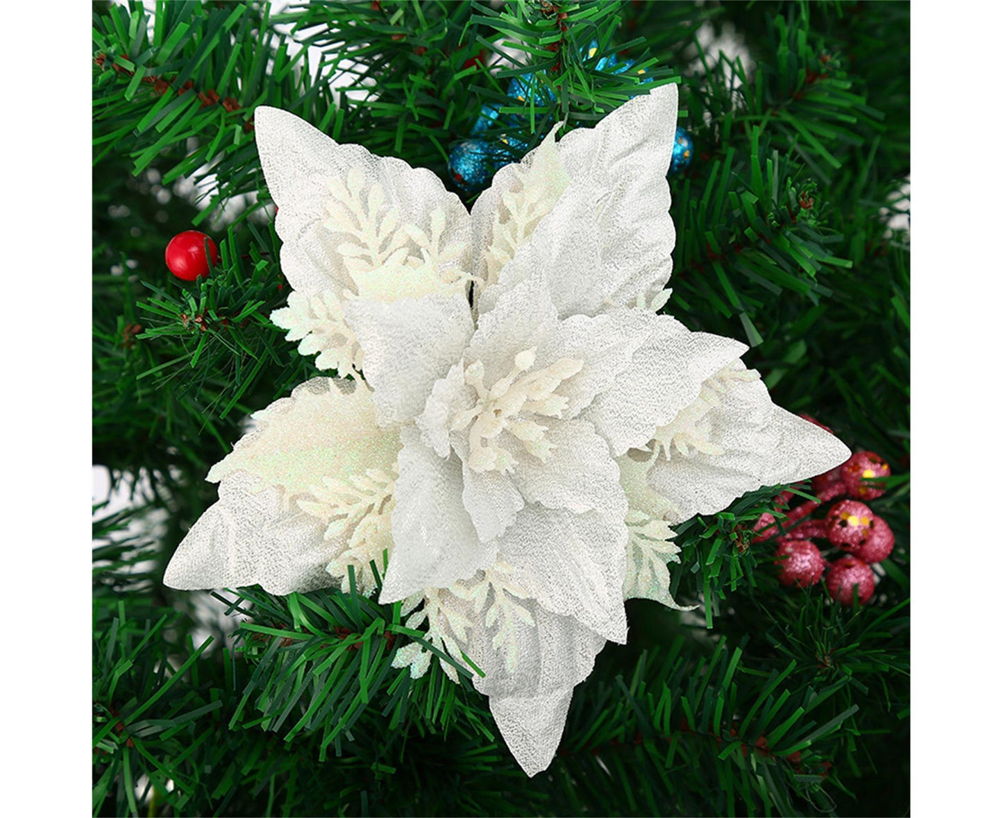 5Pcs Artificial Xmas Flower Leaves-Silver White