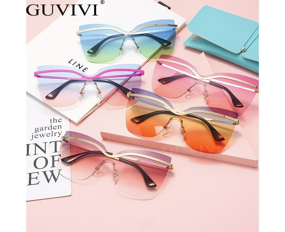 One Piece Cat Eye Sunglasses Fashion Brand Designer Oversize Gradient Eyeglasses Rimless Blue Pink Shades