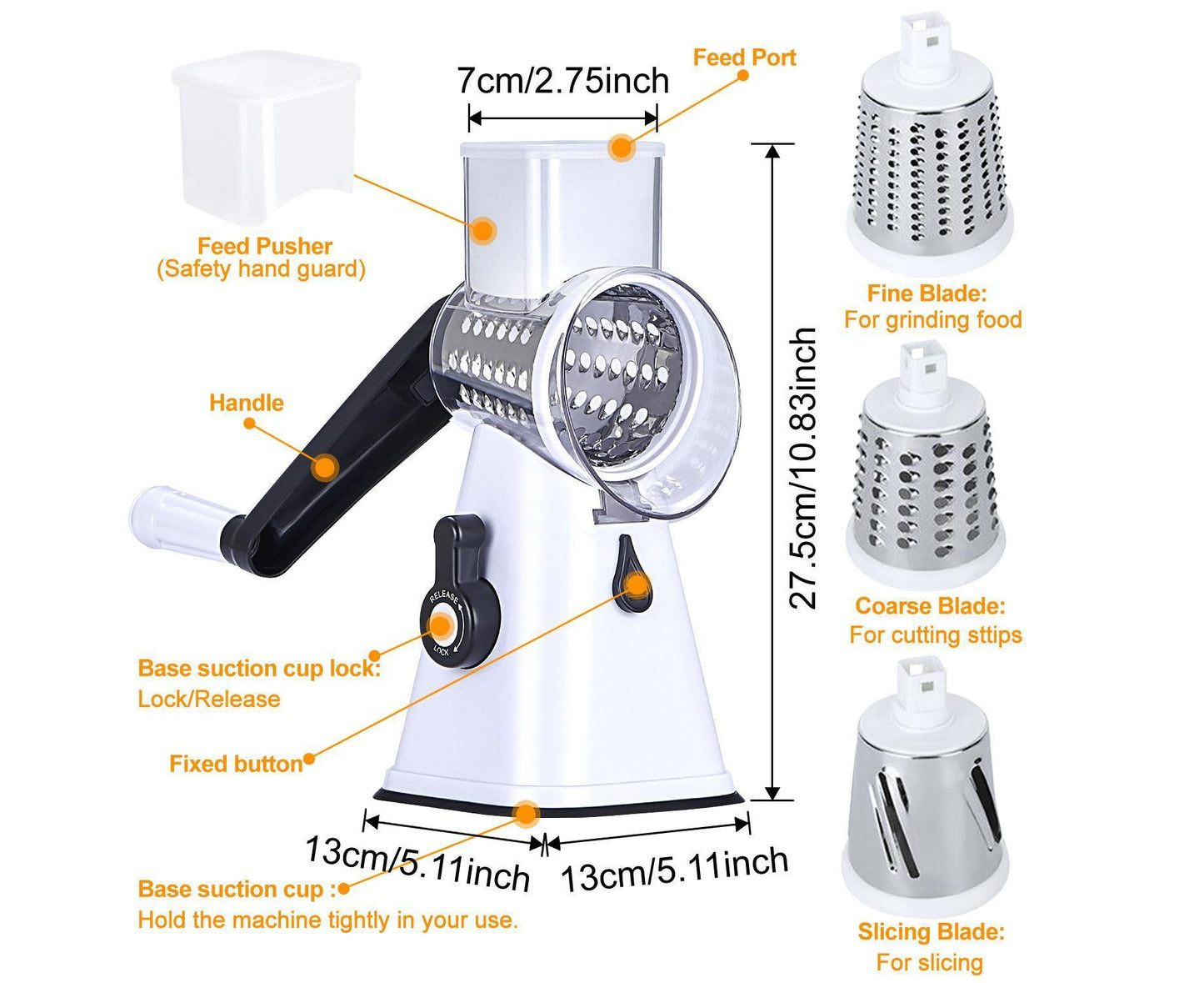 Kitchen Multifunction Vegetable Food Slicer Manual Rotary Drum Grater Chopper WHITE