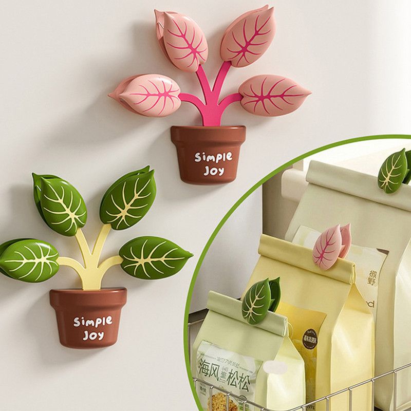 Household Food Bag Freshness Sealing Clips, Creative Plant Pot Magnetic Clips, Multifunctional Fridge Magnet Clips, Cute Leaf-Shaped Food Bag Clips - Green