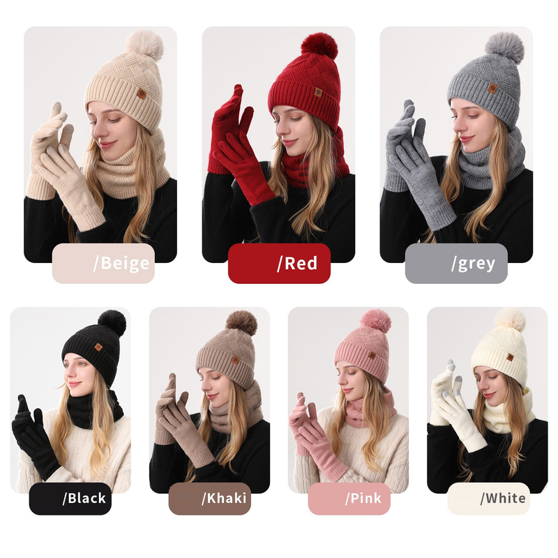 Women's Fashionable Winter 3-Piece Set: Knit Hat, Scarf, and Gloves. A must-have for outdoor skiing and cycling - Off-White