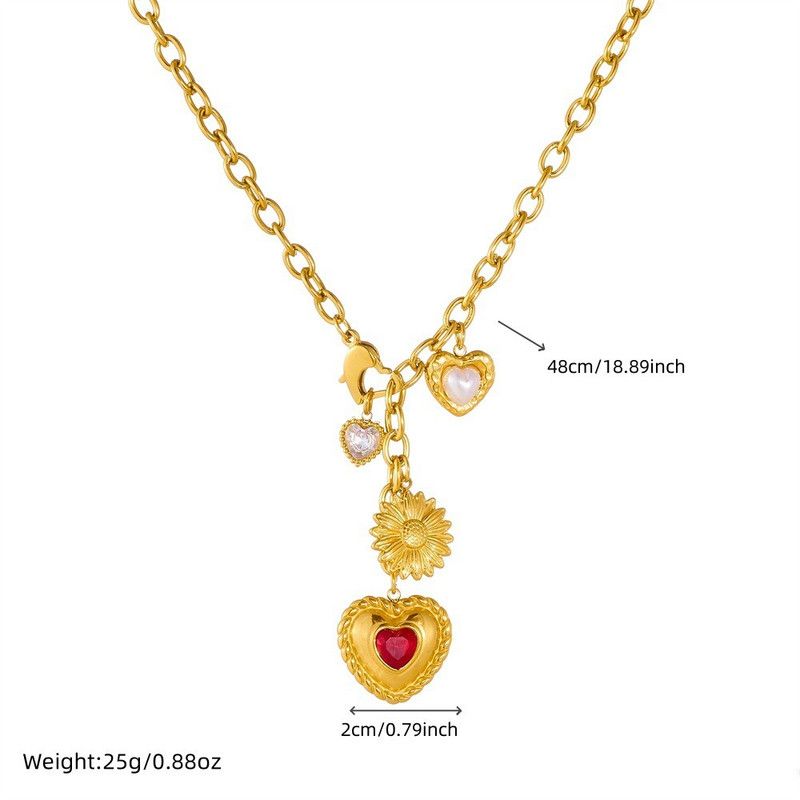 Vintage Heart-Shaped Sunflower Necklace: 18K Gold-Plated Cuban Chain, Women's Diamond-Studded Collar Necklace