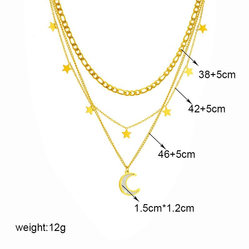 Three-tier layered star-and-moon mother-of-pearl and titanium steel necklace with an 18K gold-plated clasp