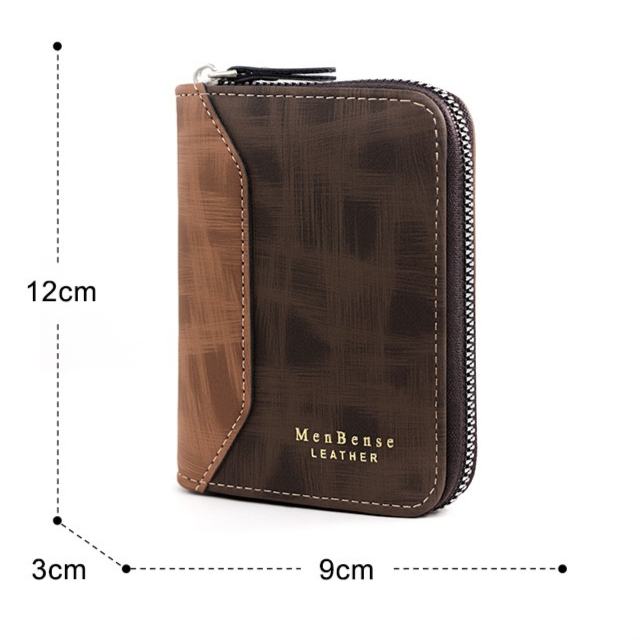 Two-tone Patchwork PU Zip-Around Short Wallet for Men, Embossed Letter Multi-Card Slot Purse with Dual Coin Pockets & ID Photo Slot (Dark Brown)