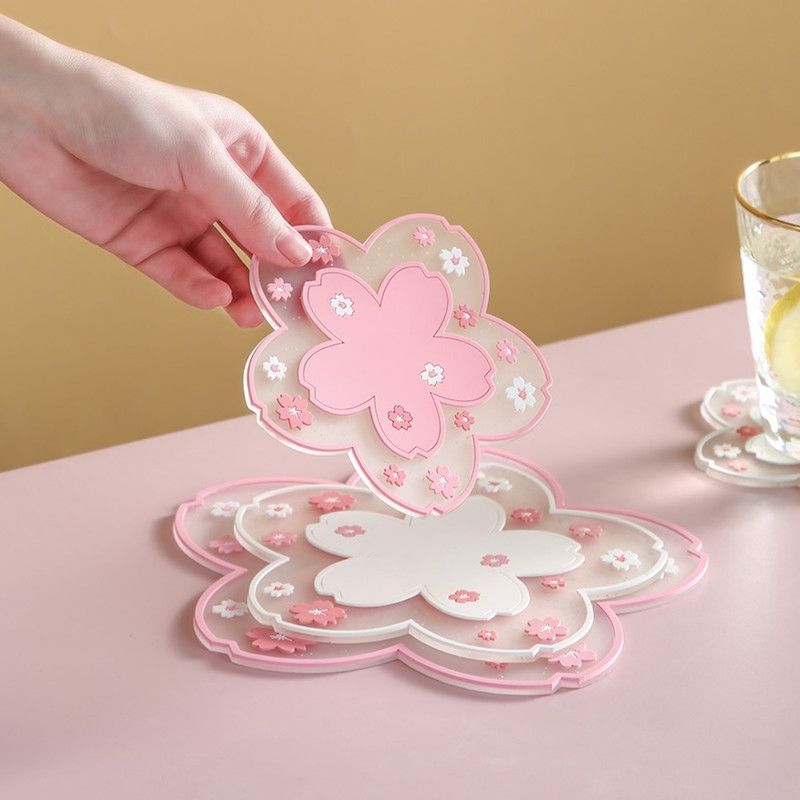 6-Pack - Sakura-Shaped PVC Heat-Resistant Coasters, Non-Slip Trivets for Bowls, Pots & Cups - Pink