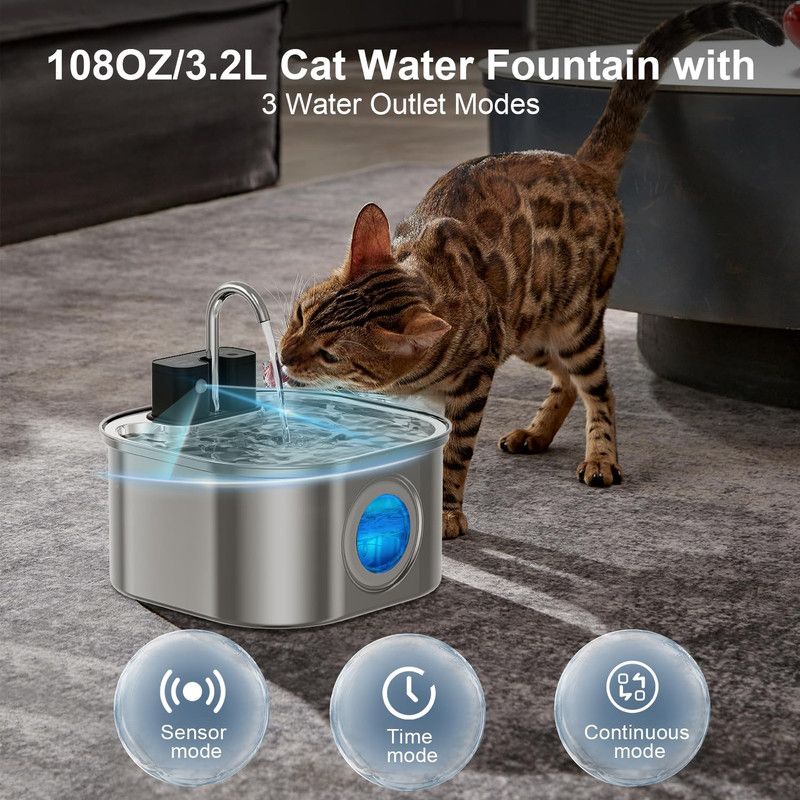 3.2L Large Capacity Stainless Steel Pet Water Fountain 4200mAh Rechargeable Battery Automatic Circulating Dog Cat Drinking Water Dispenser