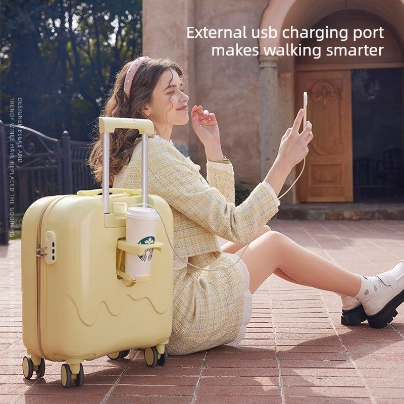 20 Inch Cute Carry On Suitcase, Hard Shell Cabin Luggage with USB Charging Port & Cup Holder, Lightweight Travel Trolley Case-Mint Green