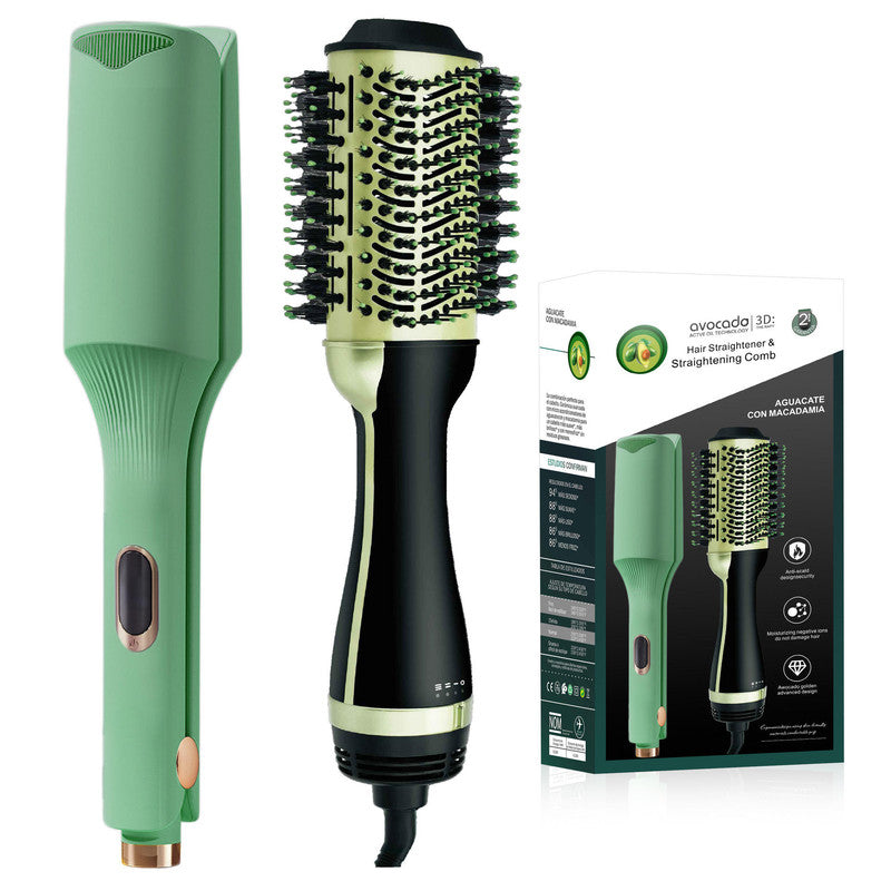 Green Curling and Straightening Iron Avocado & Macadamia Oil Infused Hair Straightener & Volumizing Brush Set - Anti-Frizz Ceramic Ion Technology - LCD Precision Heat Control Up to 250°C - Healthy Glow Styling Kit for Smooth & Shiny Hair