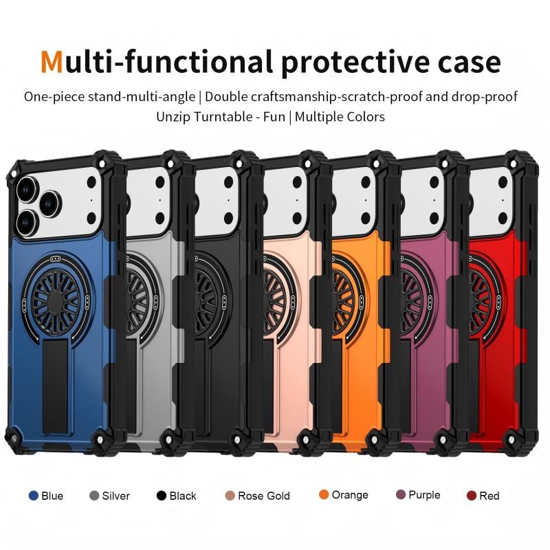 Armor Heavy Duty Magnetic Rotating Ring Kickstand Phone Case For iPhone 17, Anti-Drop Protective Cover In RoseGold