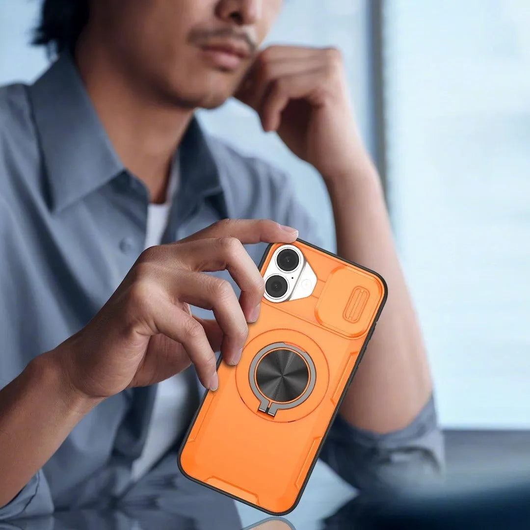 2-in-1 Magnetic Sliding Lens Case, Orange for iPhone 16 Plus