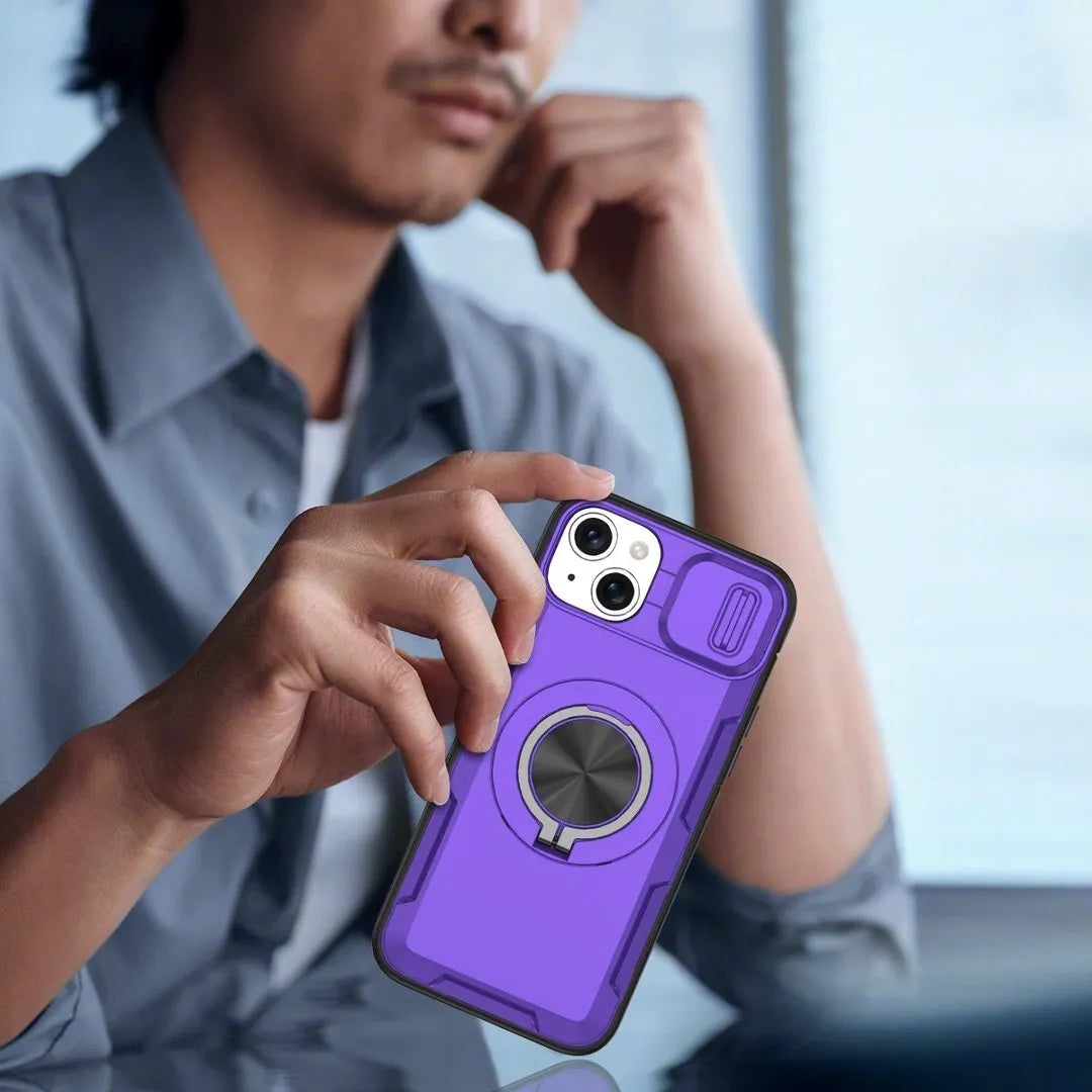 Red Warrior 2-in-1 Magnetic Sliding Lens Case Purple for iPhone 14