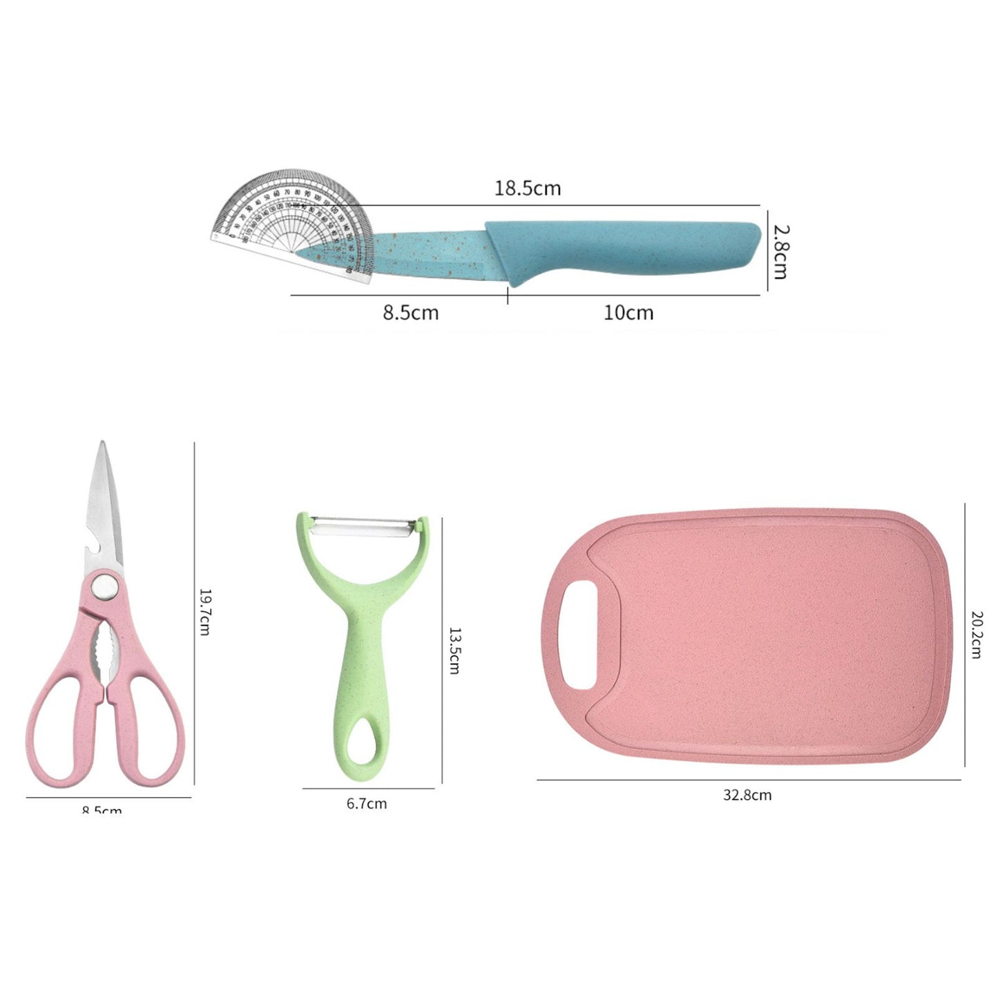 7 PCS Wheat Straw Knife Set Chef Knife Bread Knife Peeling Knife Scissors Peeler Cutter Kit with Chopping Board