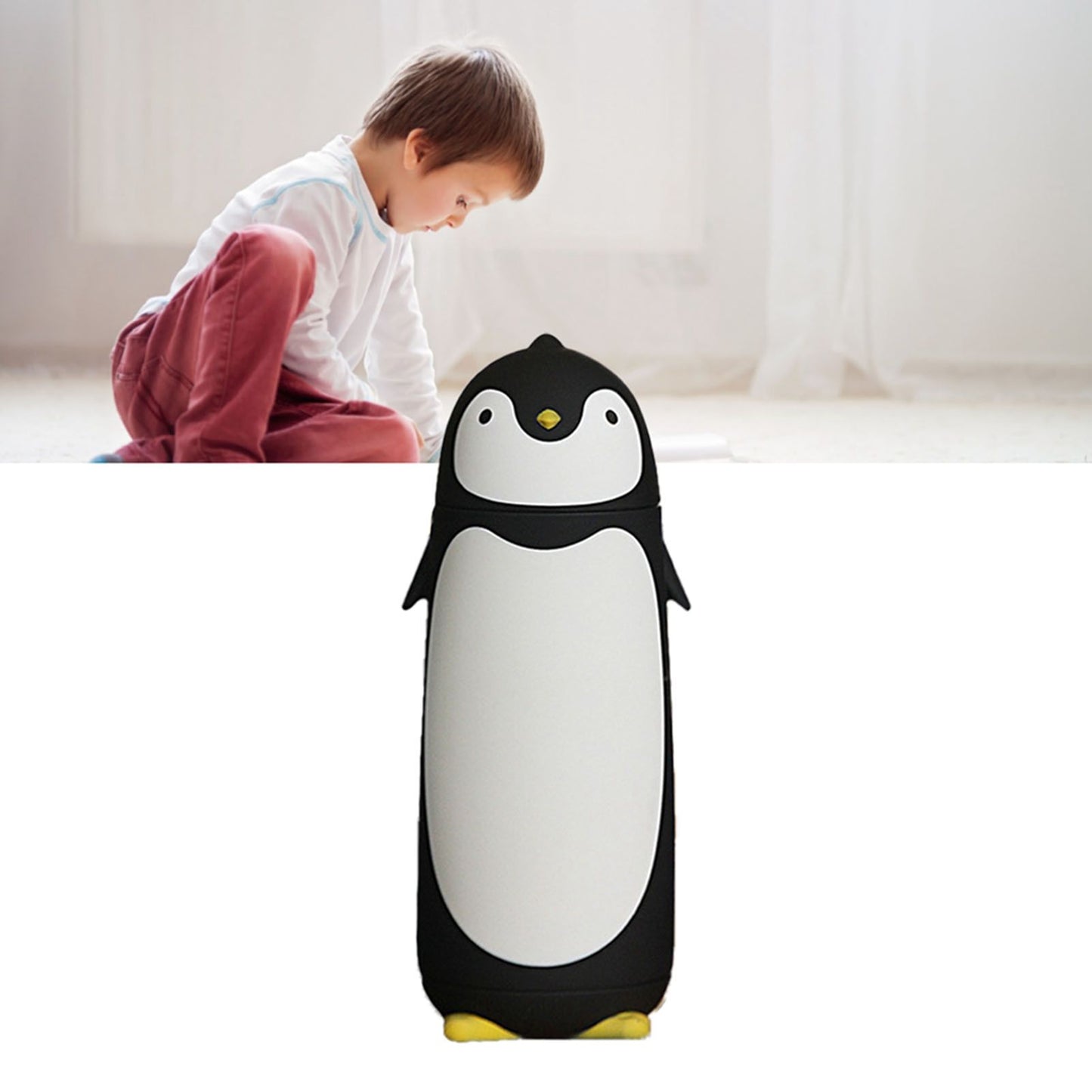 Water Bottle Penguin Design Heat Insulation 300ml Portable Water Cup for Outdoor Black