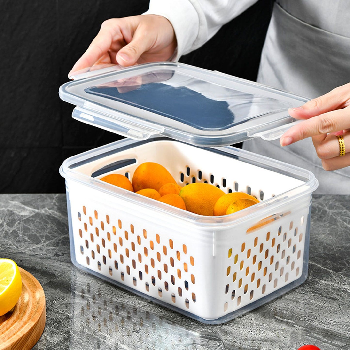 Drain Storage Basket Box Transparent Fruit Vegetable Storage Container for Kitchen Supplies 850ML