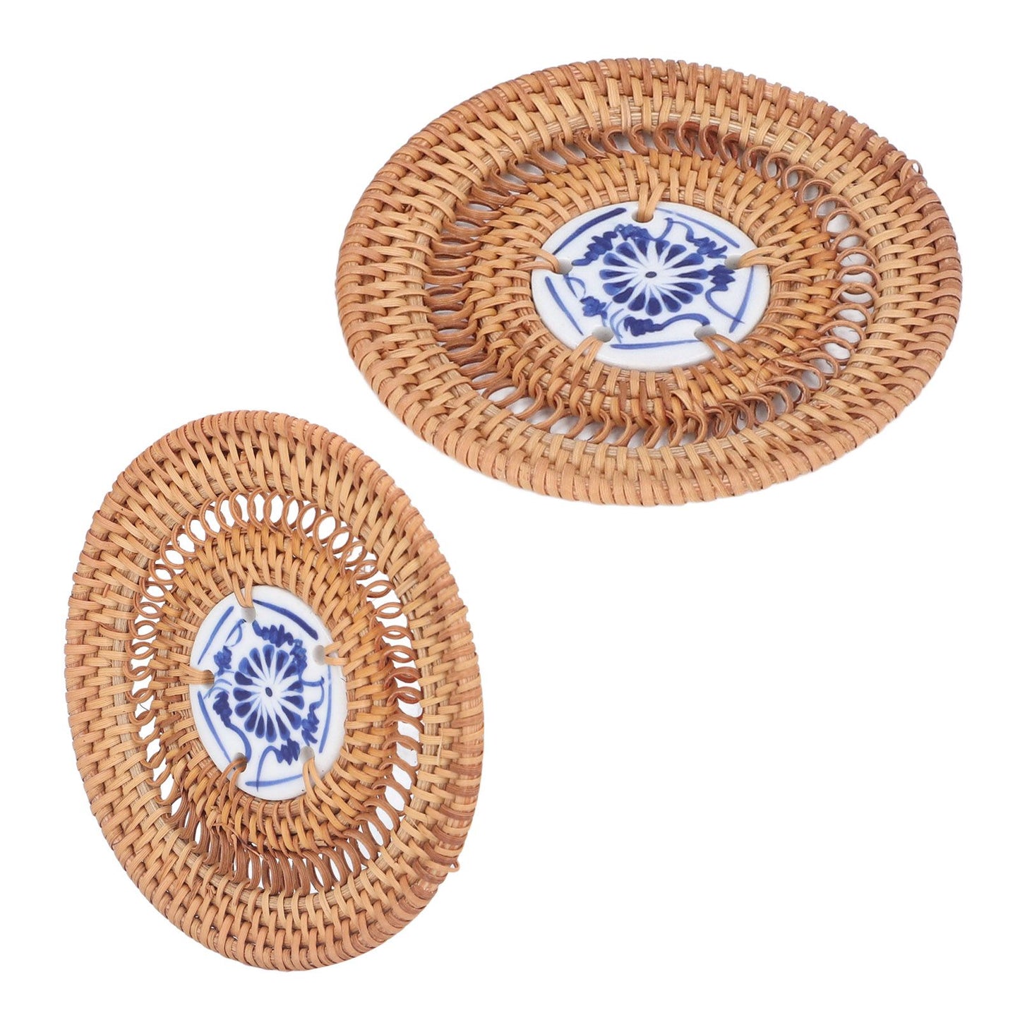 Blue and White Porcelain Coaster Round Woven Rattan Blue White Porcelain Cup Holder for Basil Cups Rattan Cups10cm/3.9in