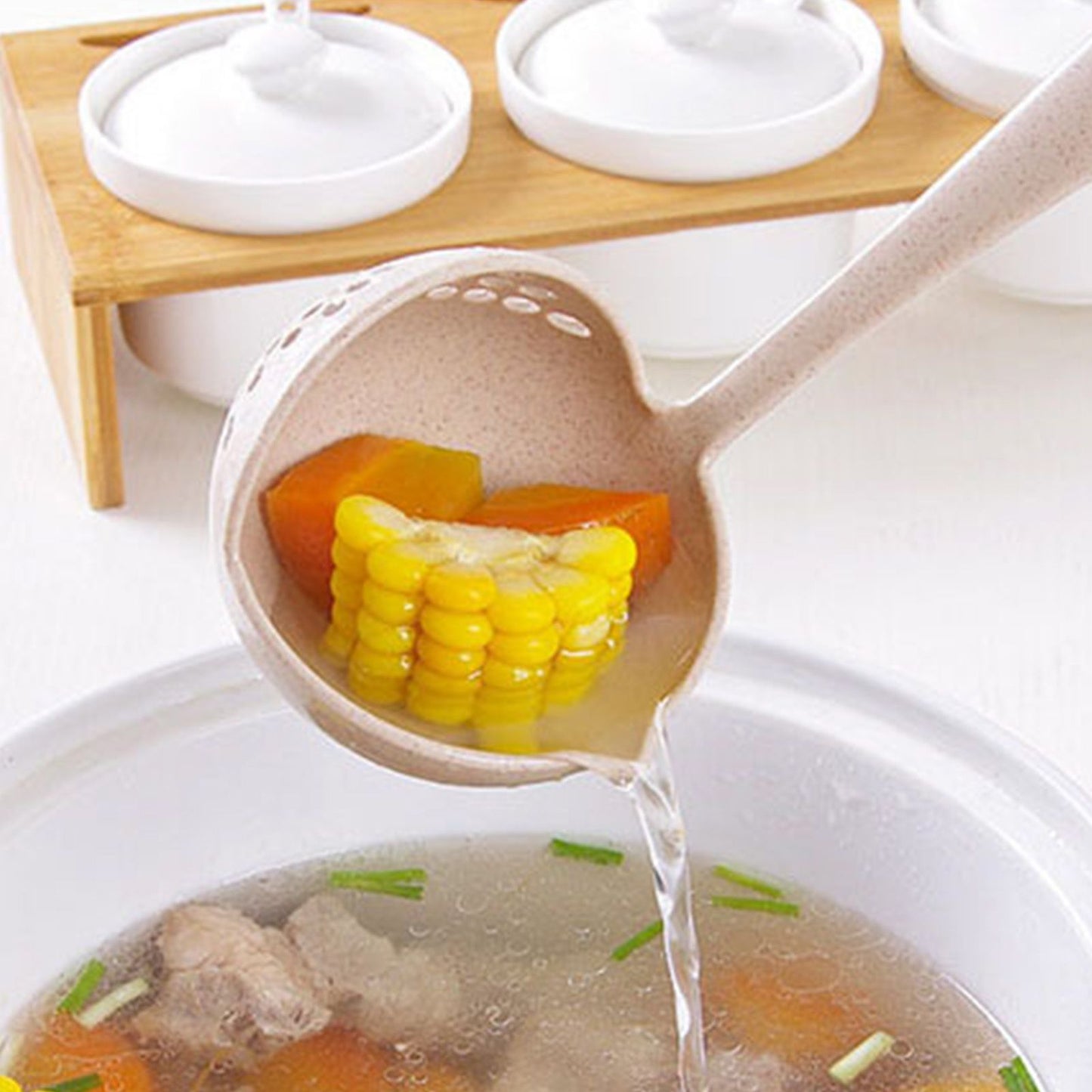 Long Handle Colander 2 in 1 Kitchen Anti Scald Long Handle Round Filter Colander Spoon TablewareBeige