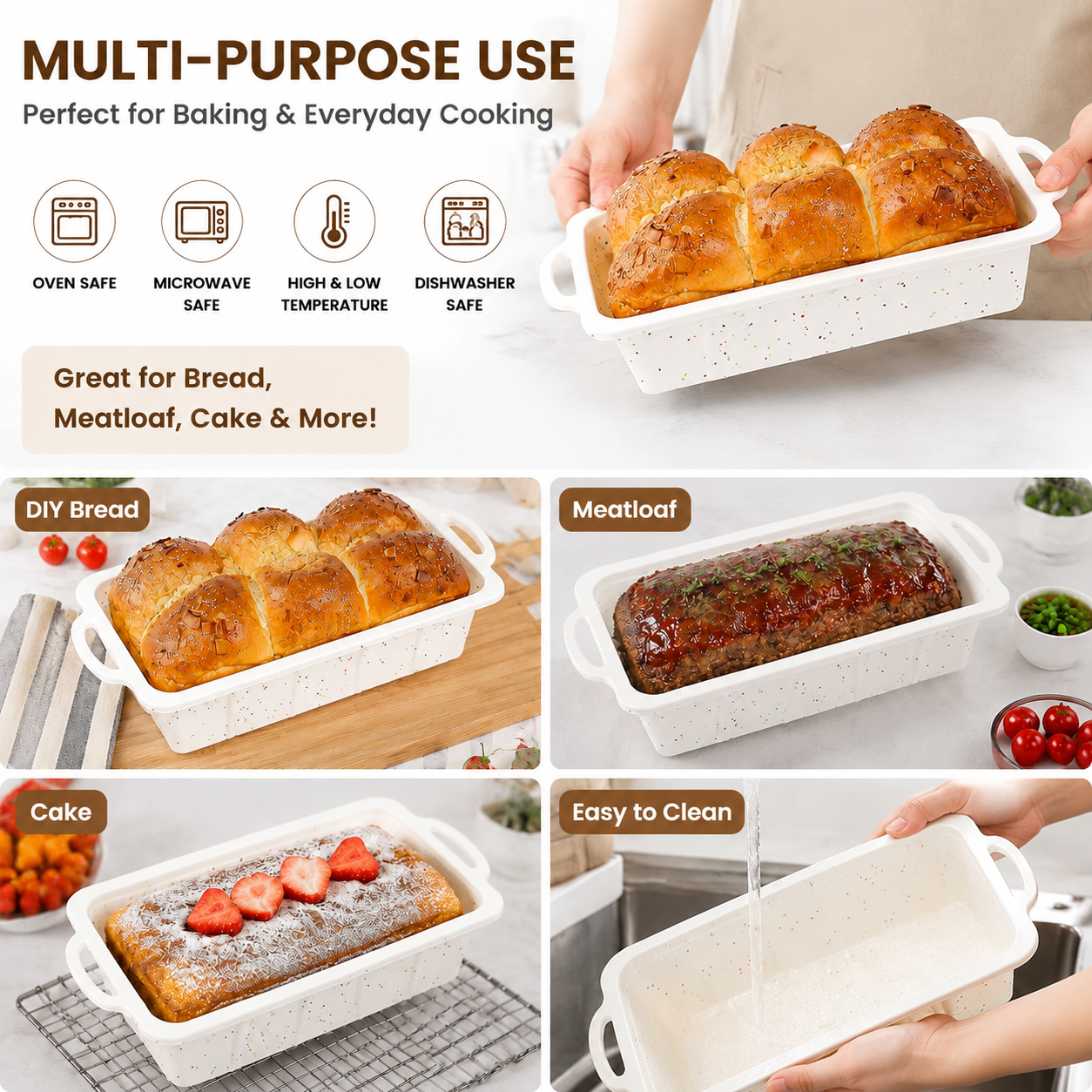Wholesome Home-Baked Loaves Made Effortlessly with This Flexible Silicone Bread Pan, Perfect for Banana Bread, Meatloaf, Pound Cake, and More — Non-Stick, Even-Heating, and Built to Last with a Reinforcing Stainless Steel Frame to Keep Its Shape Bake Afte