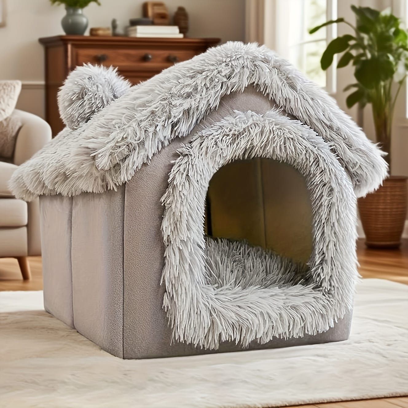 Plush Pet House with Detachable Cushion – Cozy, Warm, and Stylish Indoor Cat or Small Dog Bed – Soft Faux Fur Hideaway with Doorway – Perfect for Year-Round Comfort and Relaxation (M, Grey)