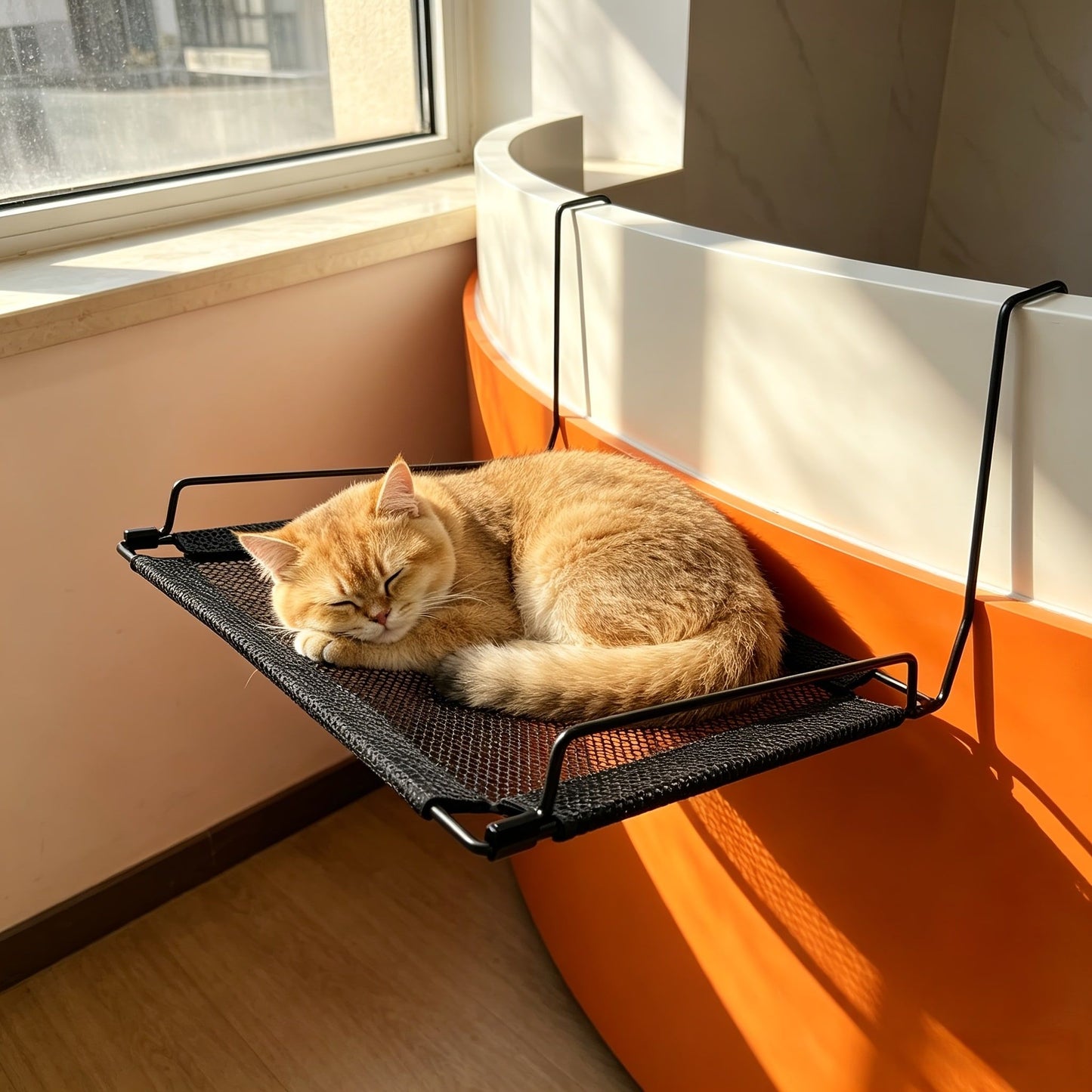Hanging Cat Hammock for Radiator, Window, Balcony & Shelf – No-Drill Pet Bed with Breathable Mesh, Sturdy Metal Frame, and Raised Edges for Secure Lounging (Black)