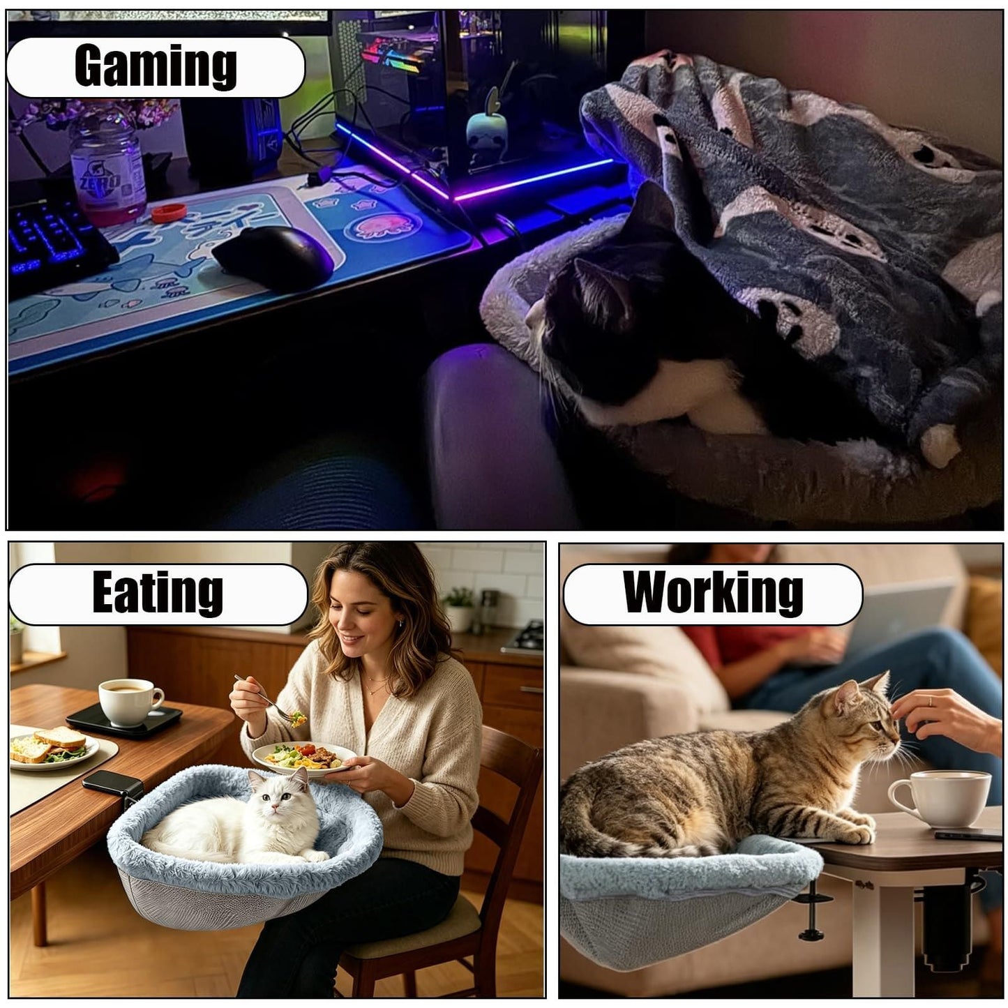 Adjustable Cat Hammock for Desk, Folding Cat Bed with Soft Faux Fur Liner and Breathable Mesh, Clip-On Perch for Office, Gaming, Dining Table – Secure, Cozy Space for Your Feline Friend (Grey)