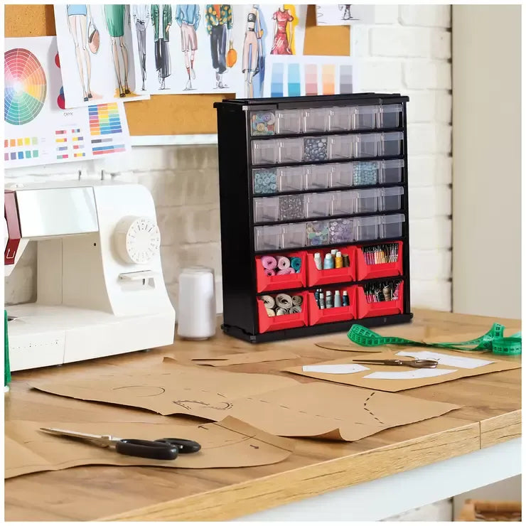 Black Multi Parts Bin Organiser with 36 Drawers, Durable Steel Frame, Includes Mounting Hardware