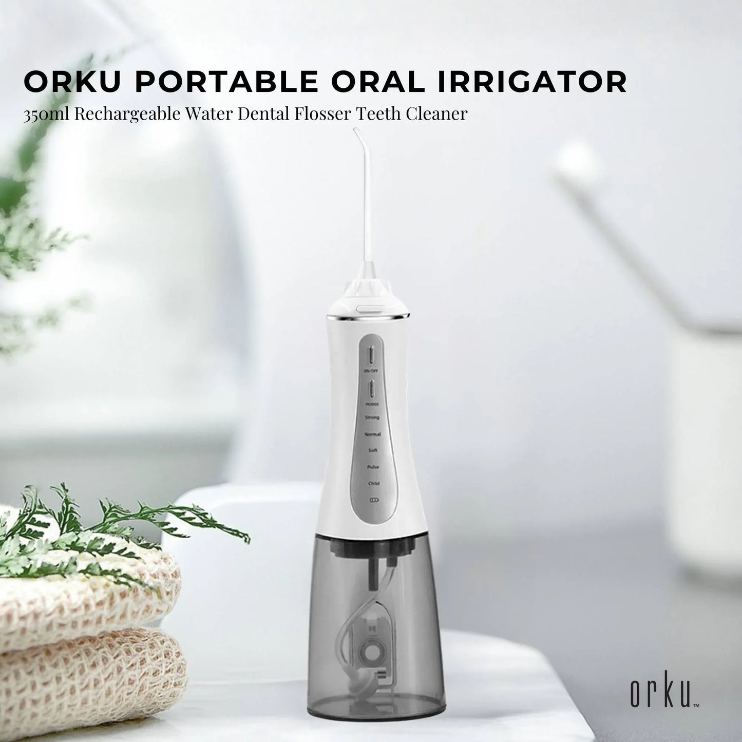 Orku Portable Oral Irrigator 350ml - Rechargeable Water Dental Flosser Teeth Cleaner