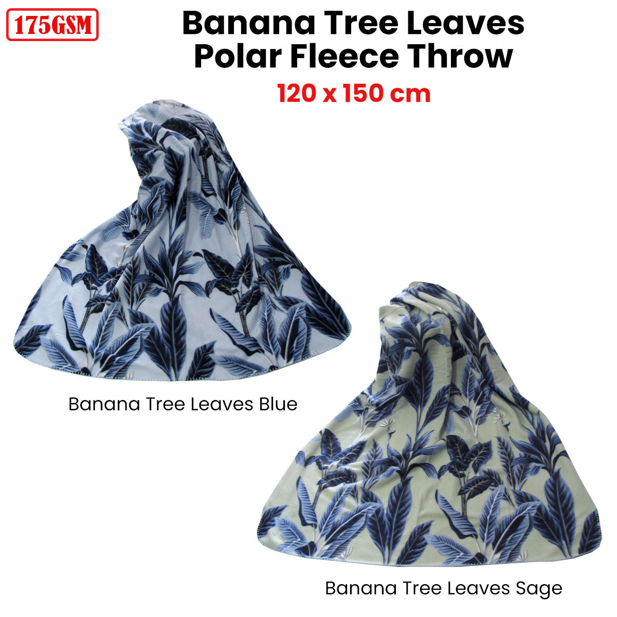 175GSM Banana Tree Leaves Printed Polar Fleece Throw Rug 120 x 150cm Sage