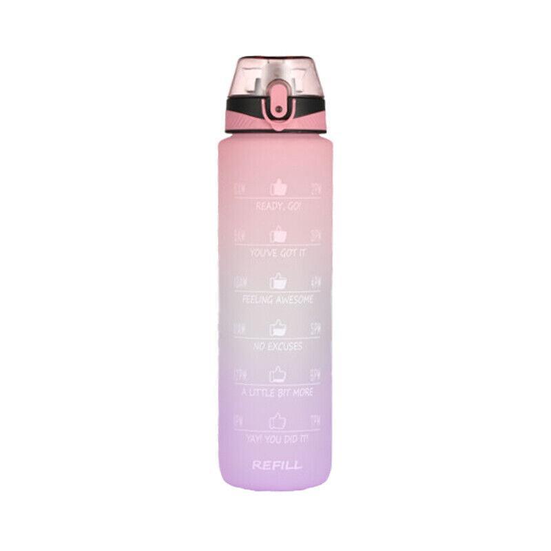 1L Water Bottle Motivational Drink Flask With Time Markings Bpa Free Sport Gym - Blue+Purple