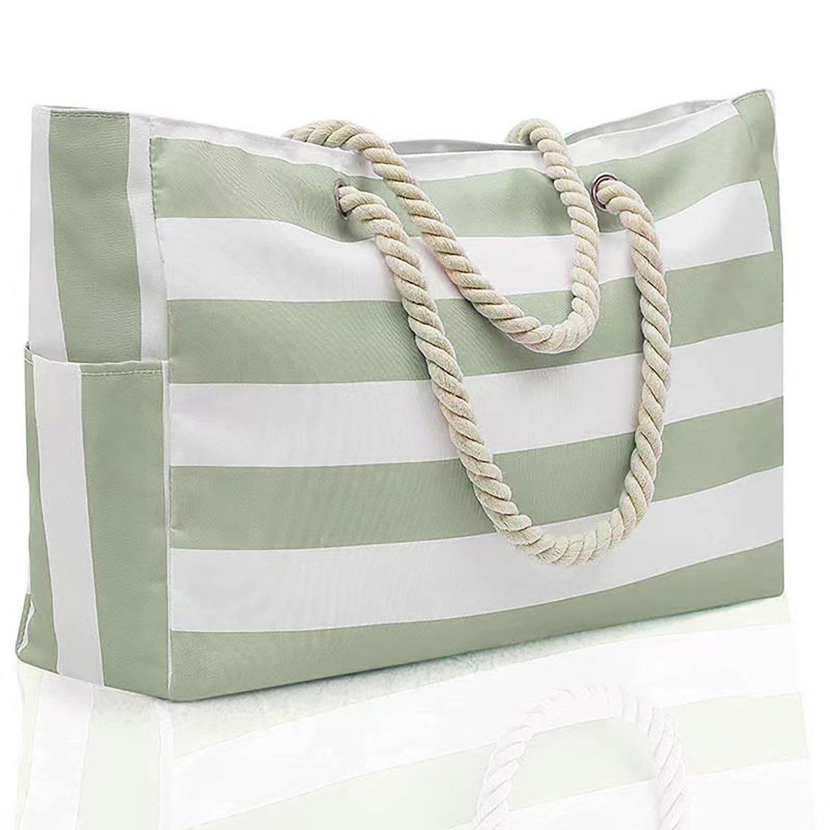 Large Bohemian Striped Canvas Beach Bag Zipper Tote for Travel Outdoor Vacation - Yellow
