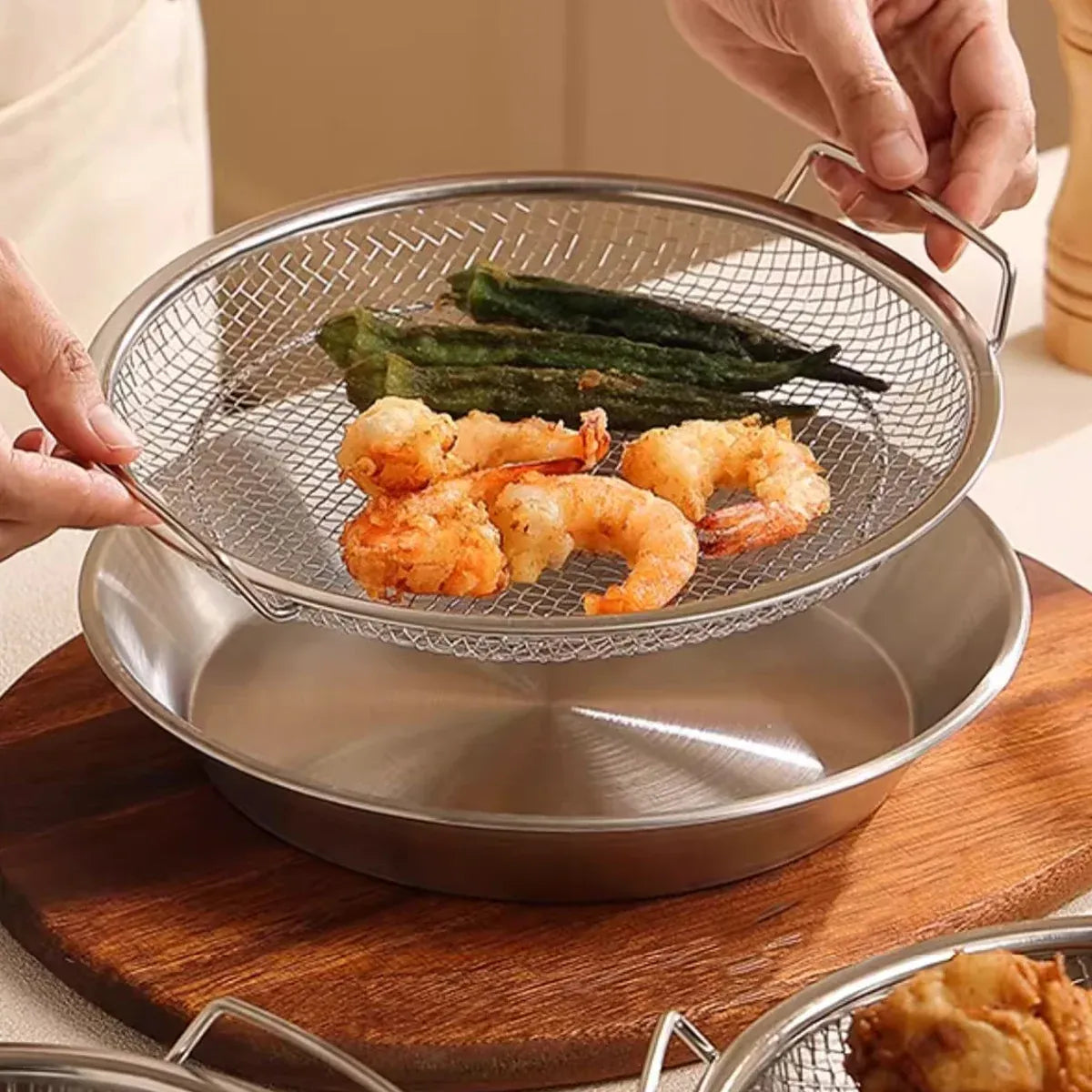 Stainless Steel Frying Skimmer Oil Drain Mesh Rack with Tray 22cm Heat Resistant
