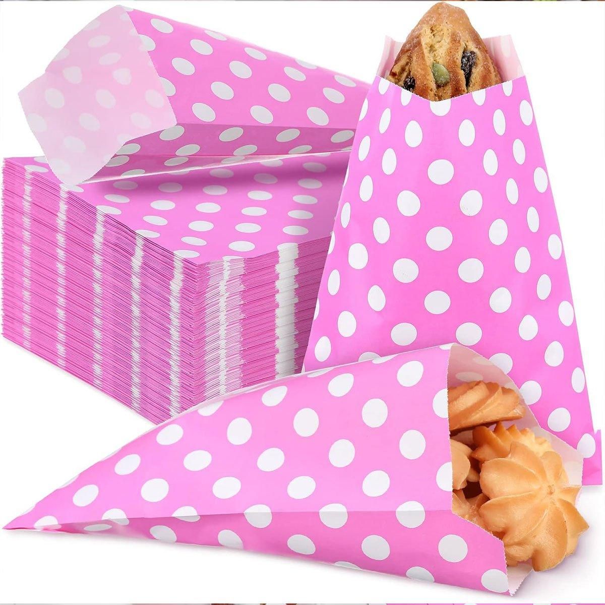 100pcs Colourful Polka Dot Paper Bags for Food Desserts Party Treats Packaging - Rose red