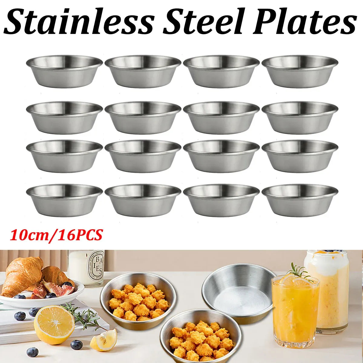 16PCS Stainless Steel Dip Dishes 10cm Small Bowls Condiment for Sushi Party