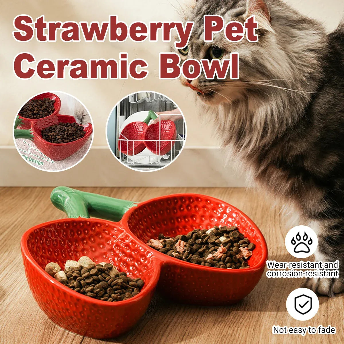 Strawberry Ceramic Tilted Pet Bowl Set Cat Dog Double Elevated Non Slip Feeding