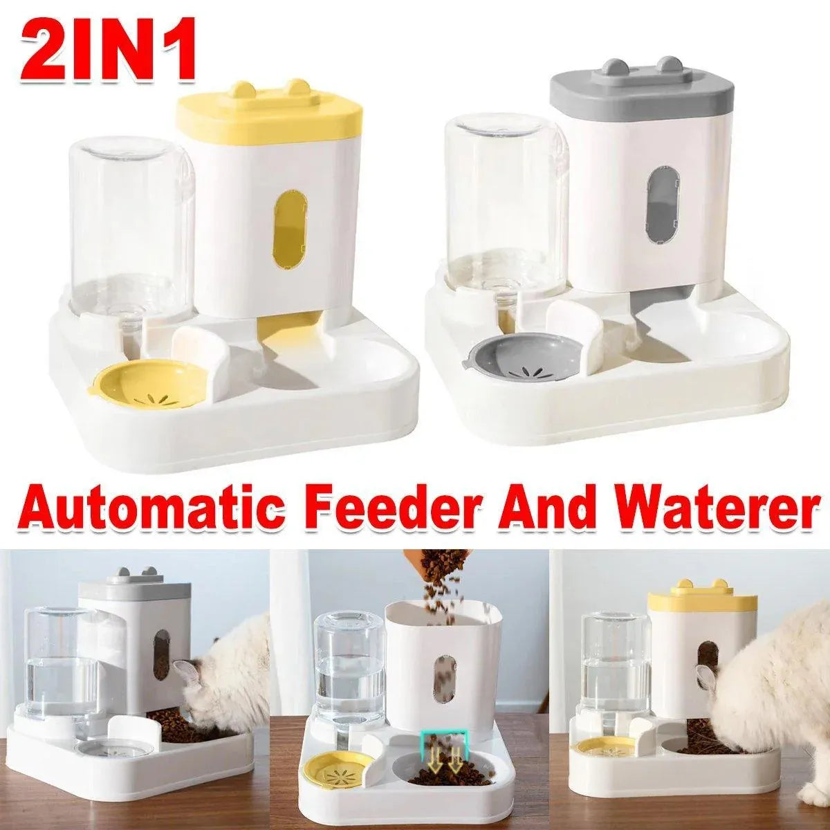 2in1 Pet Bowl Vertical Feeder and Drinker Cat Dog Bowl Water and Food in One - Yellow