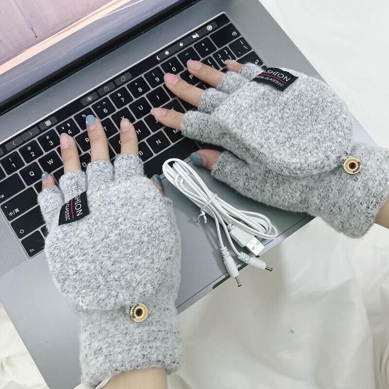 USB Heated Half Finger Gloves Winter Warm Knitted Gloves for Typing and Office Use - Grey