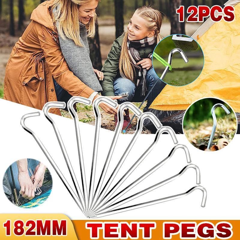 12PCS Heavy Duty Steel Tent Pegs 182mm Camping Ground Stakes for Outdoor Use