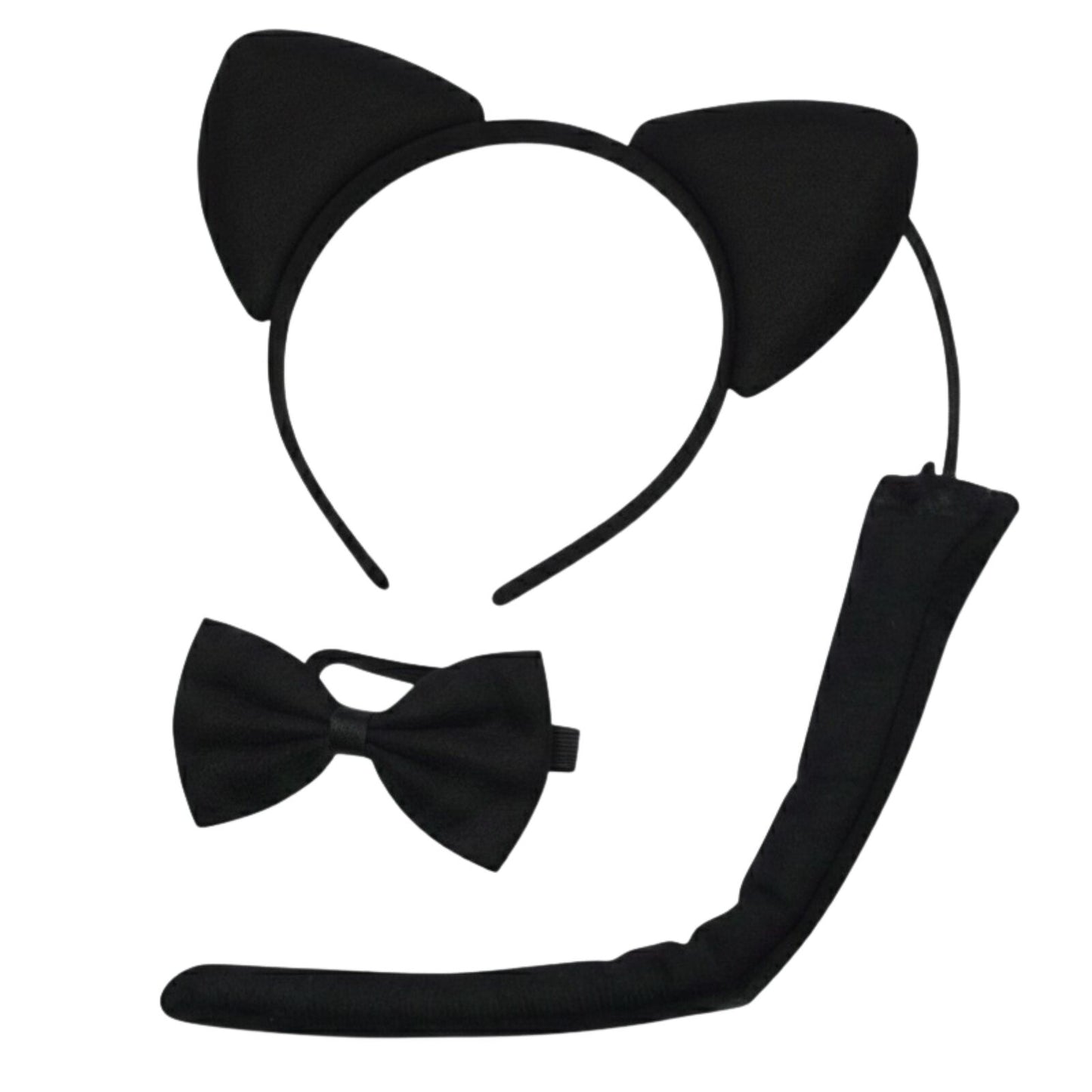 BLACK CAT EARS HEADBAND w Bow Tail Animal Costume Halloween Party Hair Accessory