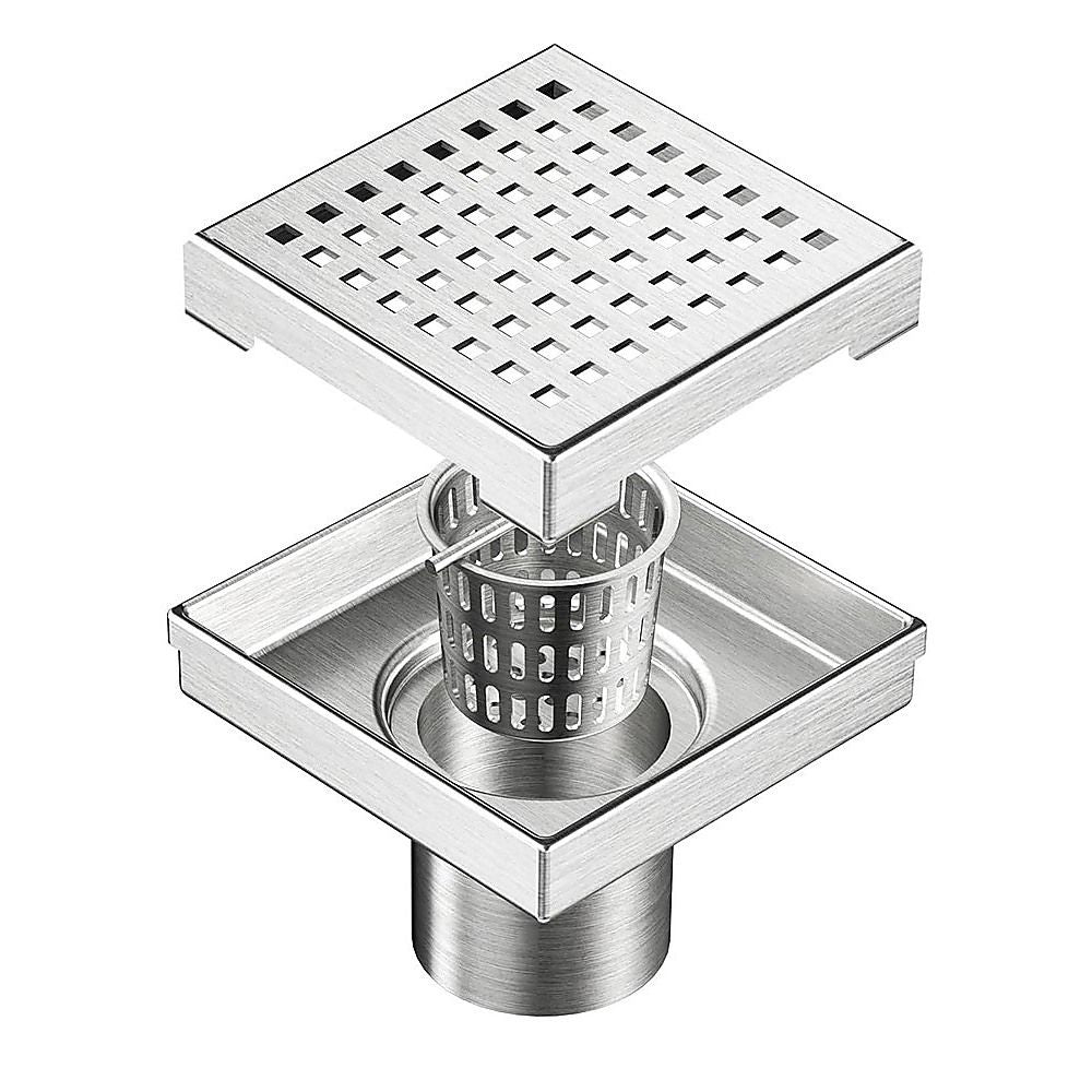 15x15cm Square Shower Drain with Grid Pattern Grate – Chrome 304 Stainless Steel, CUPC Certified with Hair Strainer