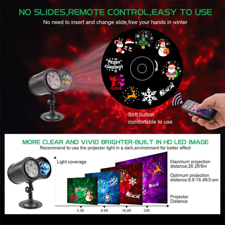Ground Insert Outdoor Waterproof Lawn Dual-Tube Projection Light - LED Halloween & Christmas Dynamic Water Ripple Animation, Replaceable 12 Slides, Stake or Stand Mountable