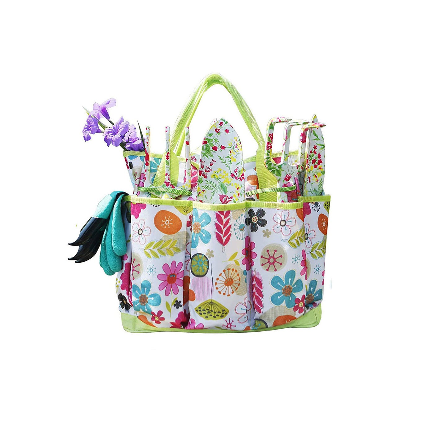 Green 9-Piece Floral Garden Tool Set for Women – Complete Gardening Kit with Tote Bag, Pruners, and Gloves