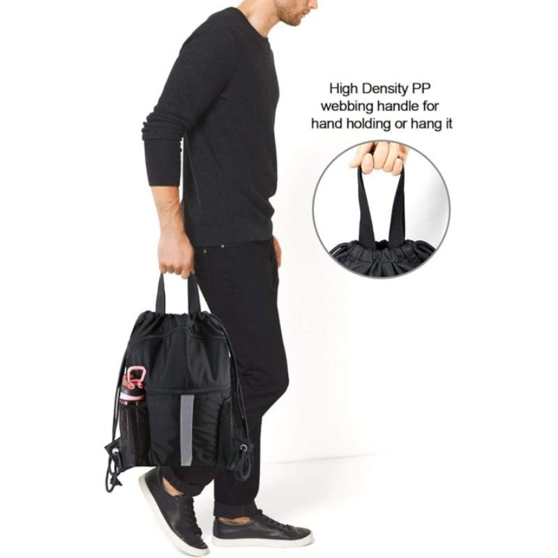 Black Multi-Pocket Drawstring Backpack Gym Bag with Zipper Compartments, Bottle Holders & Reflective Strip
