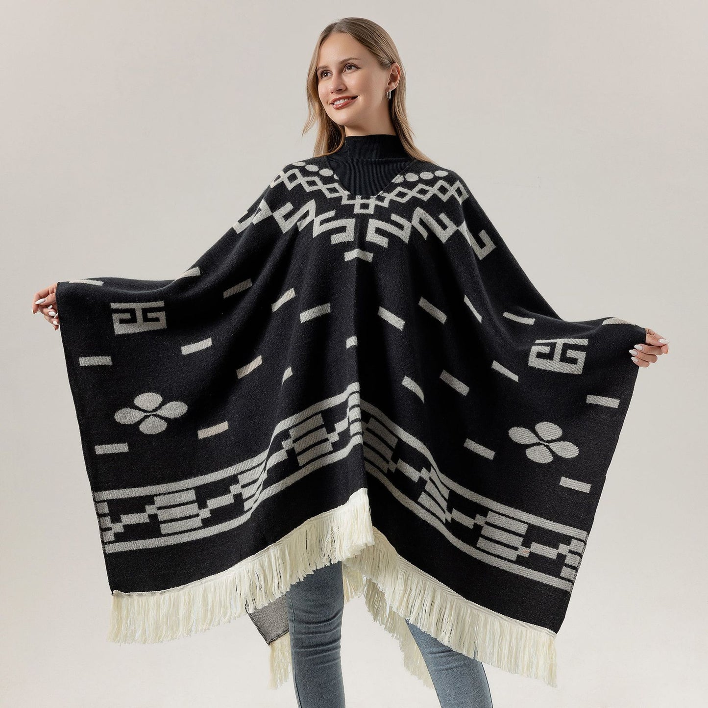 Green Women's Versatile Faux Cashmere Poncho Cape Shawl with Geometric Pattern & Fringe Trim - One Size