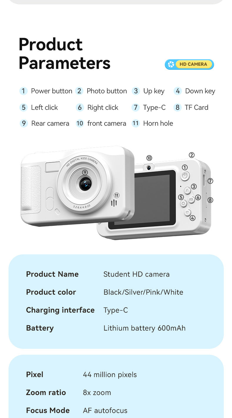 Student HD Digital Camera - 44MP, 8x Zoom, Autofocus, Dual Lens, Type-C Charging (Silver)