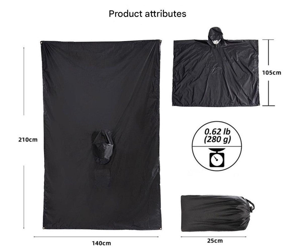Black Portable Outdoor Camping Poncho - Can be used as Raincoat, Tarp, Ground Cover