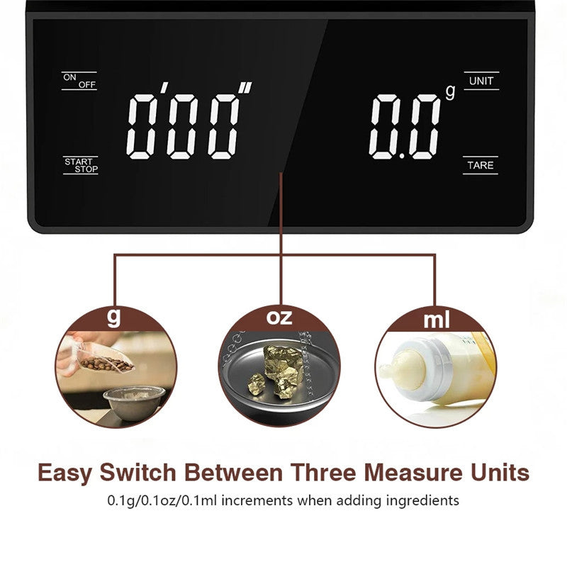 Digital Coffee Scale with Timer - 0.1g Precision, USB Rechargeable, Pour Over & Espresso