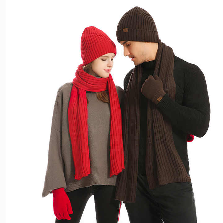 Khaki Men's 3-Piece Winter Warm Ribbed Knit Beanie Hat Scarf and Gloves Set